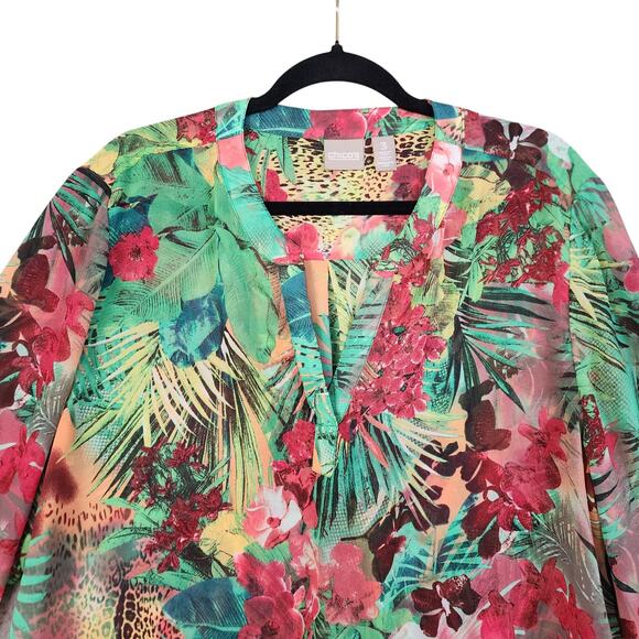 Chicos Womens Tie Front Tropical Blouse Size XL Split Neck Leopard Palm Leaf - Picture 2 of 9